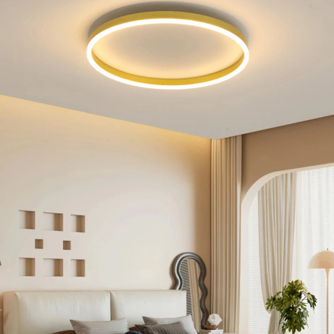 Gold LED ring ceiling light, close-up finish