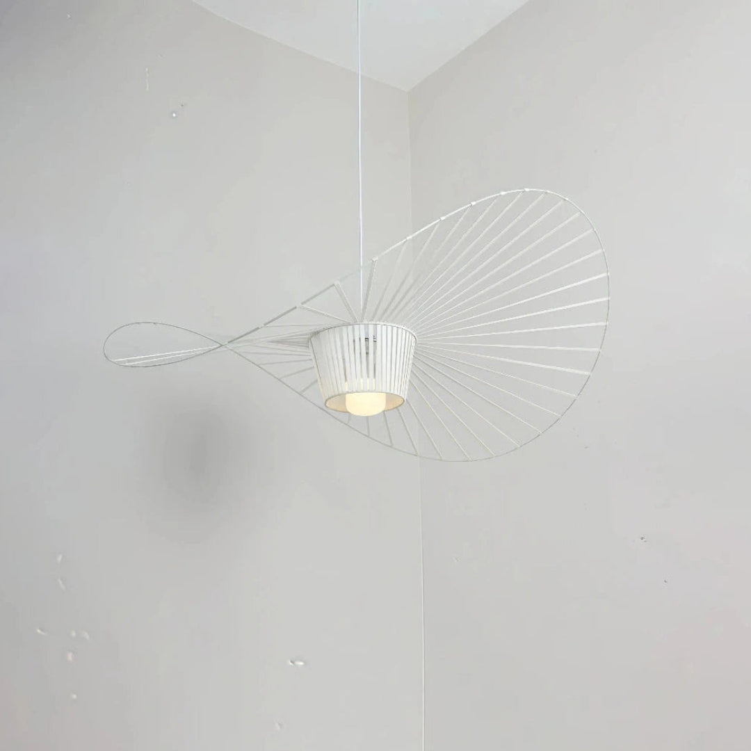 White fabric hat pendant light with a wide curved shade