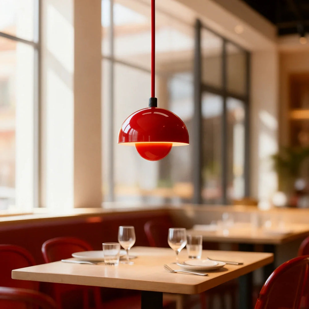 Red double-shade dome pendant light with a suspended cable