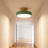 Nordic Round LED Ceiling Light with Wood Base for Hallway