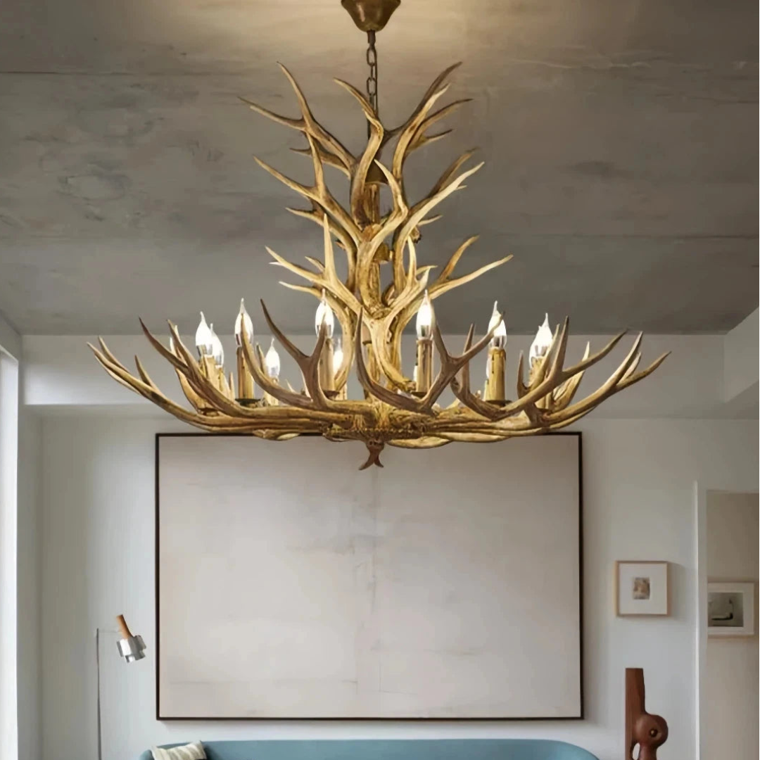 Rustic antler chandelier showing the light arrangement