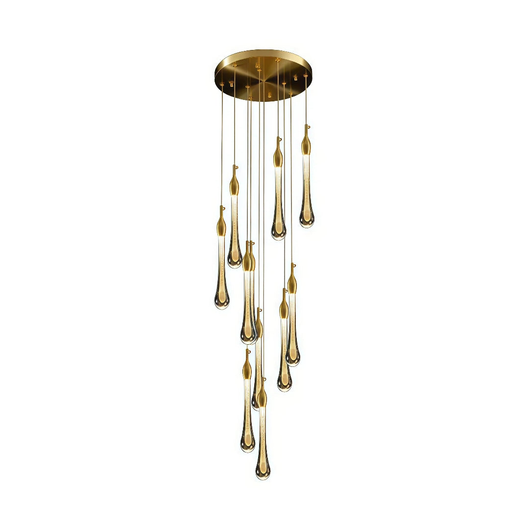 Gold teardrop chandelier shown on a white background