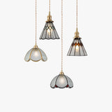 Vintage Brass Colored Ribbed Glass Pendant Light