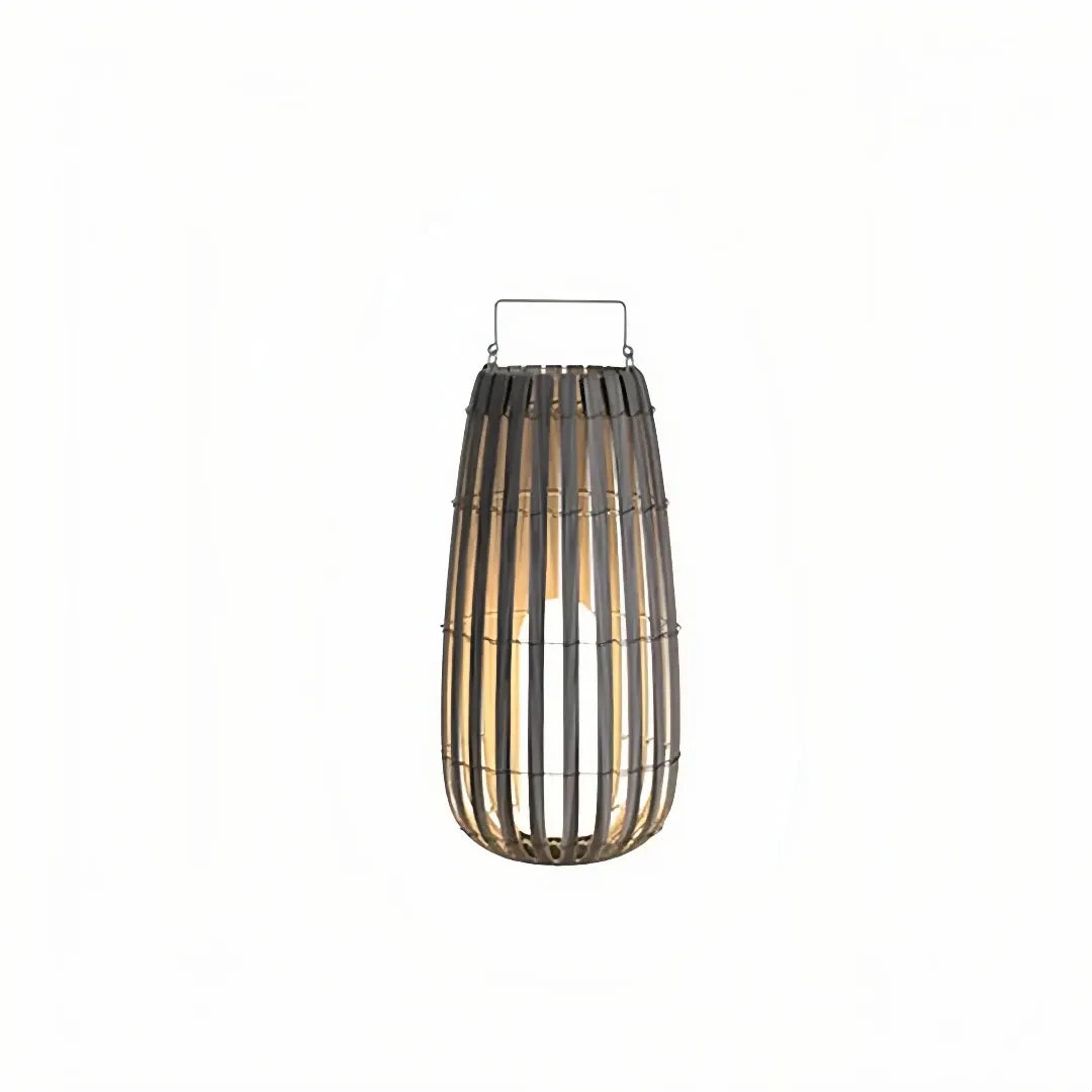 Tall woven rattan outdoor floor lantern with carry handle and integrated LED light