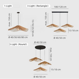 Dimension diagrams for the single, three-light round and three-light linear rattan pendants