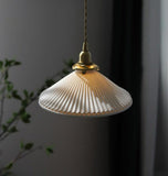 Vintage Brass Pleated Ceramic Pendant Light