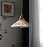 Vintage Brass Pleated Ceramic Pendant Light