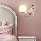 White children's bedroom wall light with cartoon girl, rabbit and moon design