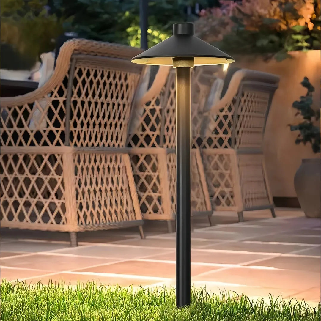 Modern mushroom garden light with round metal shade
