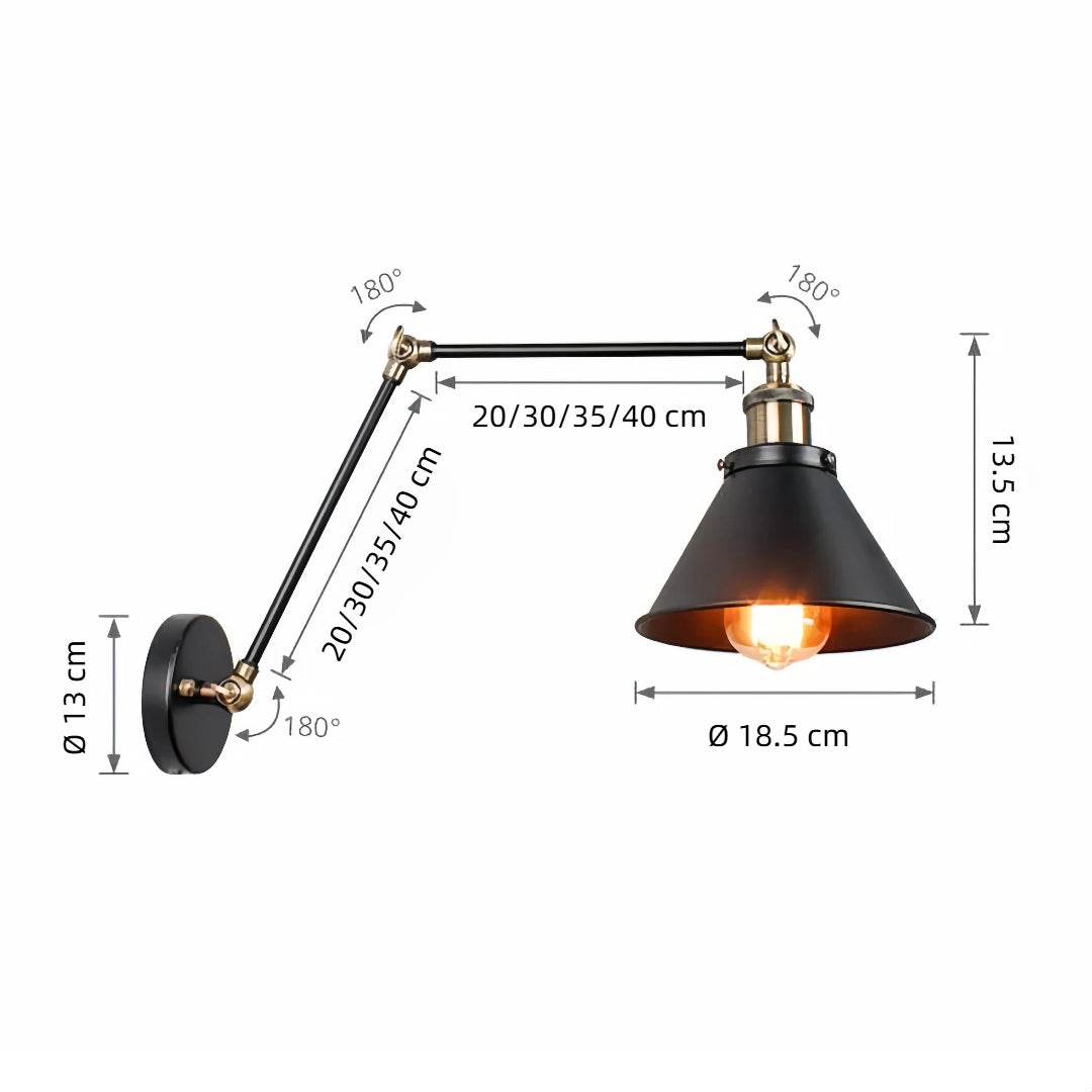 Industrial wall light size guide for five arm-length options