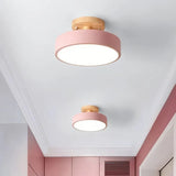Round Nordic LED semi-flush ceiling light with wooden detail