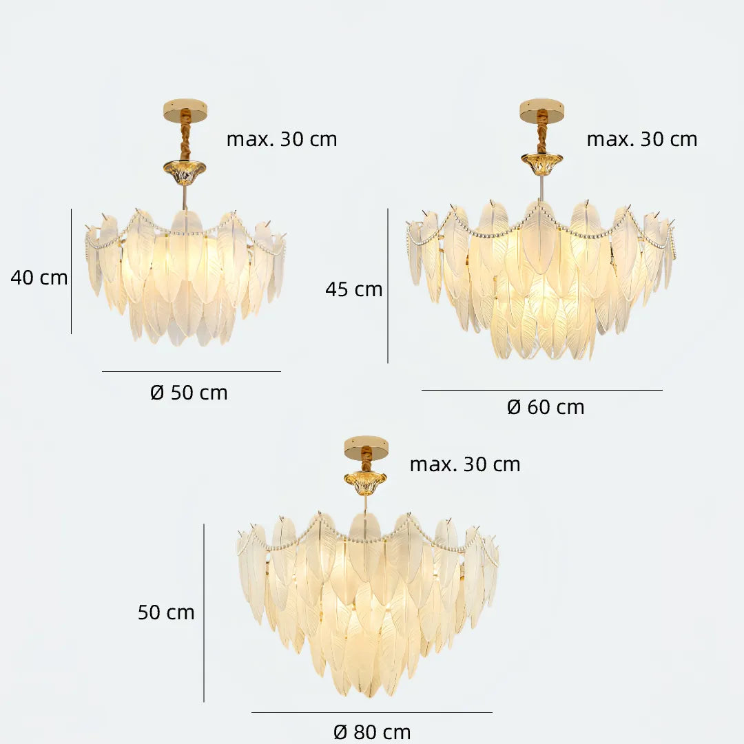 Dimension diagram for the 50, 60 and 80 cm glass feather chandeliers
