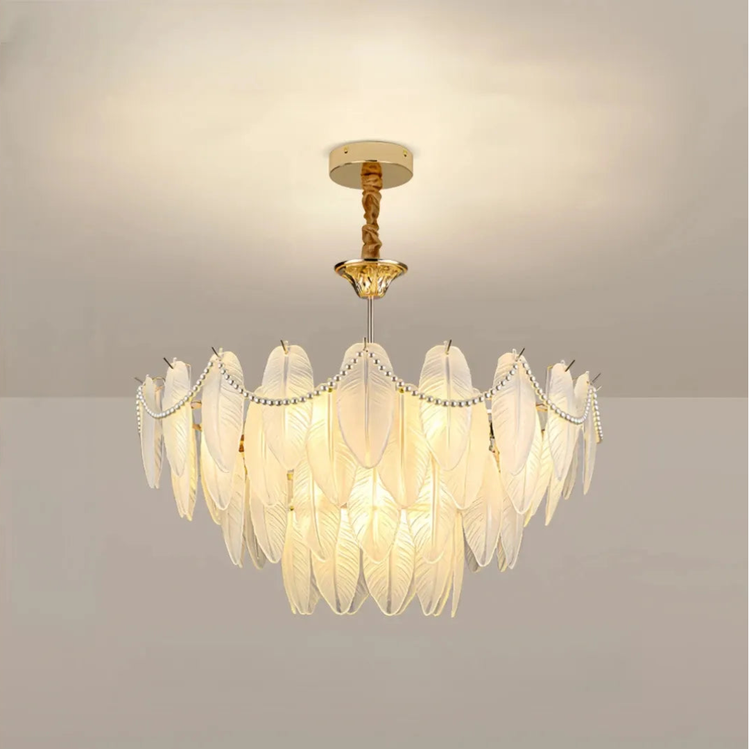 Glass feather chandelier showing its rounded profile and suspended canopy