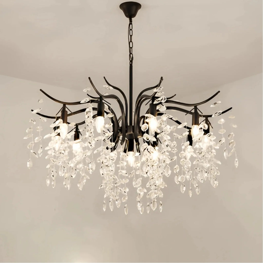 Black crystal leaf chandelier in a living room