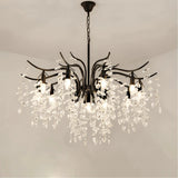 Black crystal leaf chandelier in a living room