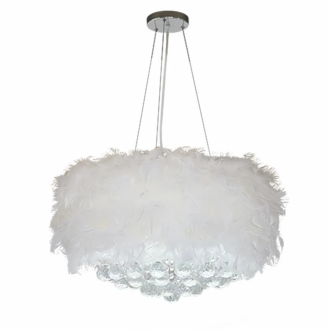 Feather-inspired shade detail on chandelier
