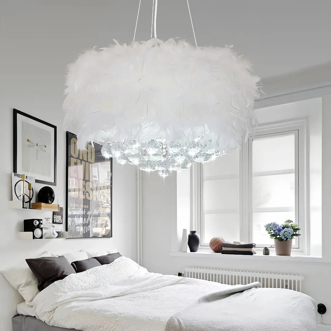 Feather and crystal chandelier with LED light