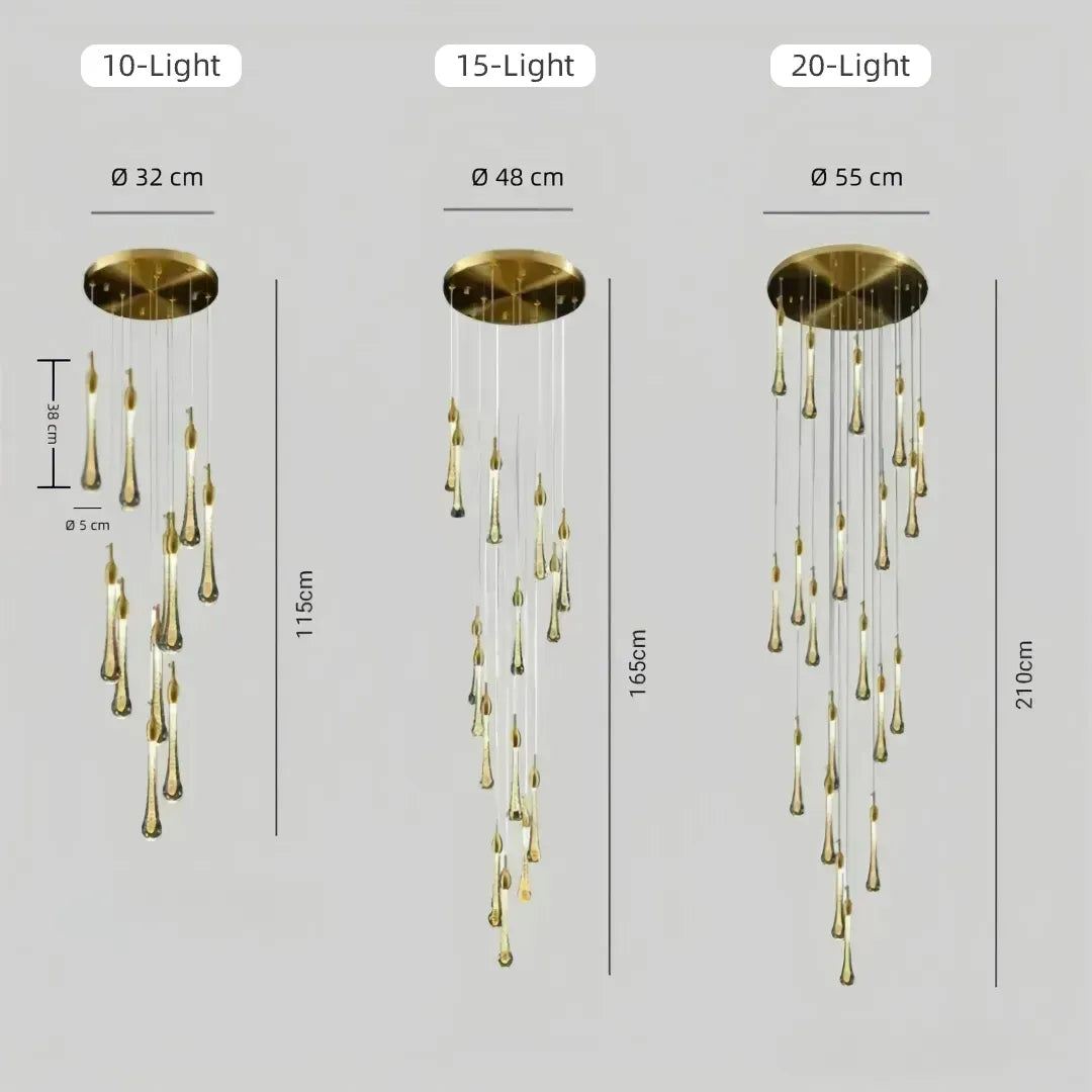 Gold teardrop crystal chandelier size guide for 10, 15 and 20 lights