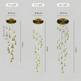 Gold teardrop crystal chandelier size guide for 10, 15 and 20 lights