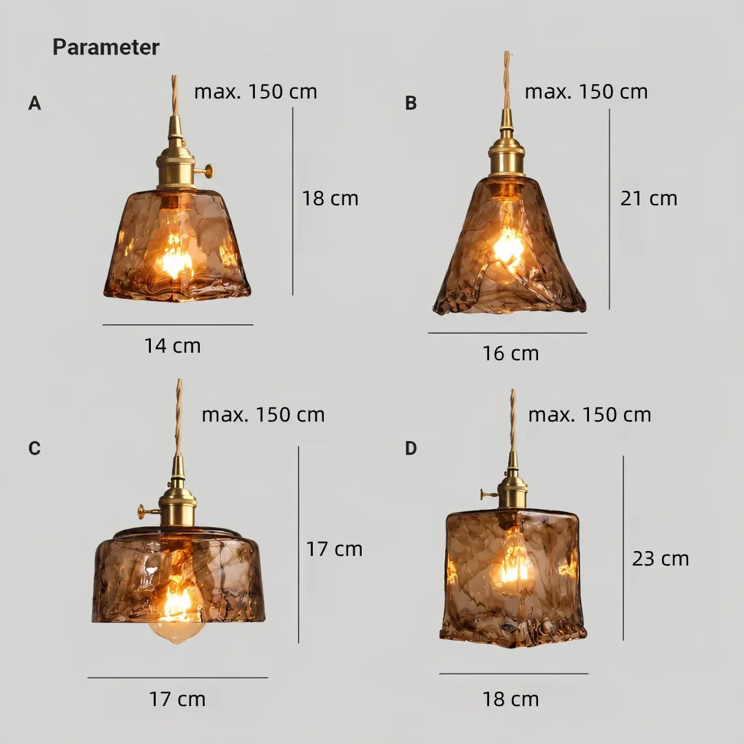 Dimensions for amber glass pendant light styles A, B, C and D with 150 cm adjustable wire