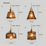 Dimensions for amber glass pendant light styles A, B, C and D with 150 cm adjustable wire