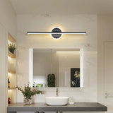 Black linear LED mirror light installed above a bathroom vanity