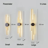 Dimensions of the 3-line linear wall light: 63 cm, 94 cm and 123 cm high