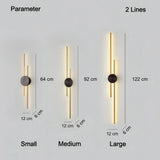 Dimensions of the 2-line linear wall light: 64 cm, 92 cm and 122 cm high