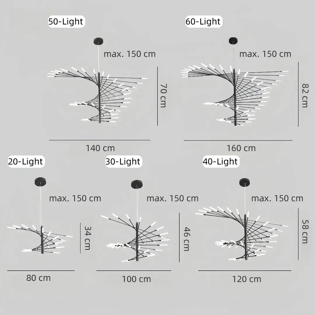 Dimensions of the chandelier, including fixture width and suspension length