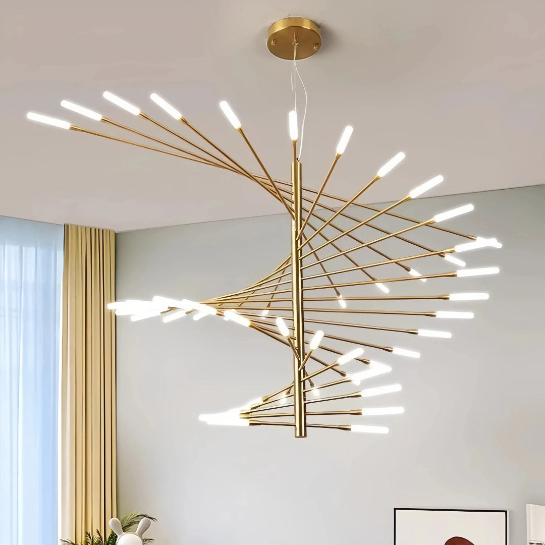 Gold firework chandelier in a contemporary living room