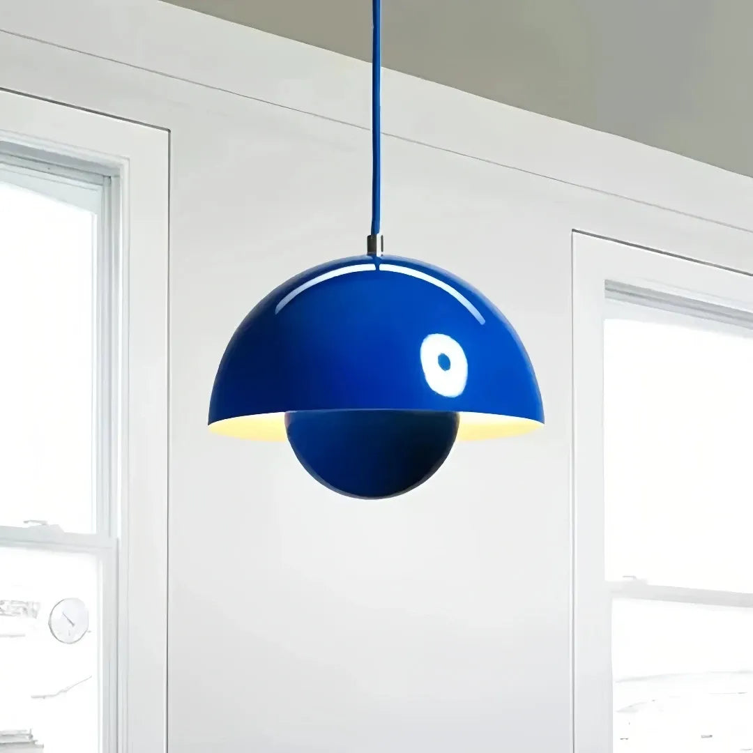 Dark blue dome pendant light with two curved shades