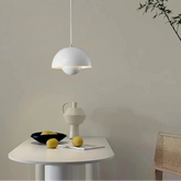 White double-shade pendant light with matching ceiling canopy