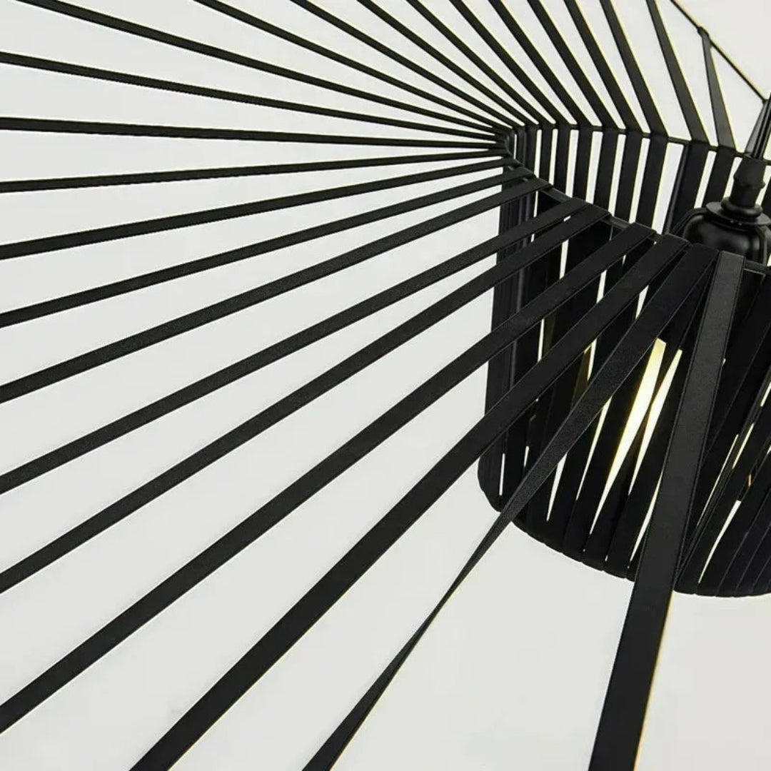 Close-up of the curved fabric shade on the hat pendant light