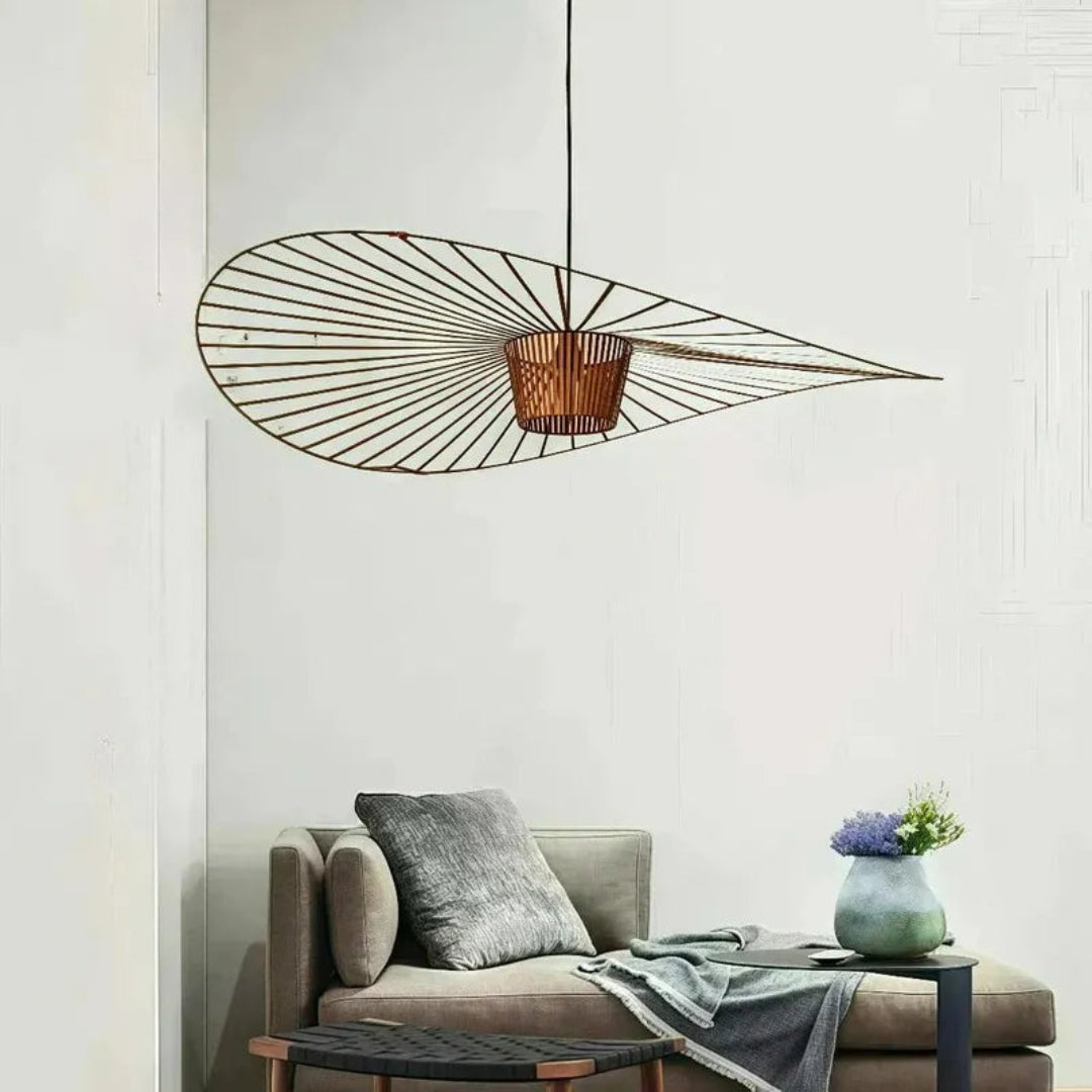 Brown fabric hat pendant light with a wide curved shade