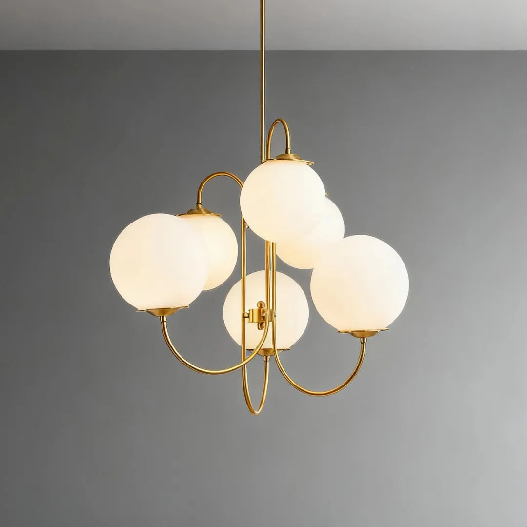 Front view of the illuminated opal glass globe chandelier