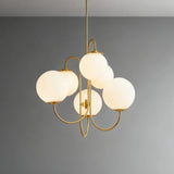 Front view of the illuminated opal glass globe chandelier
