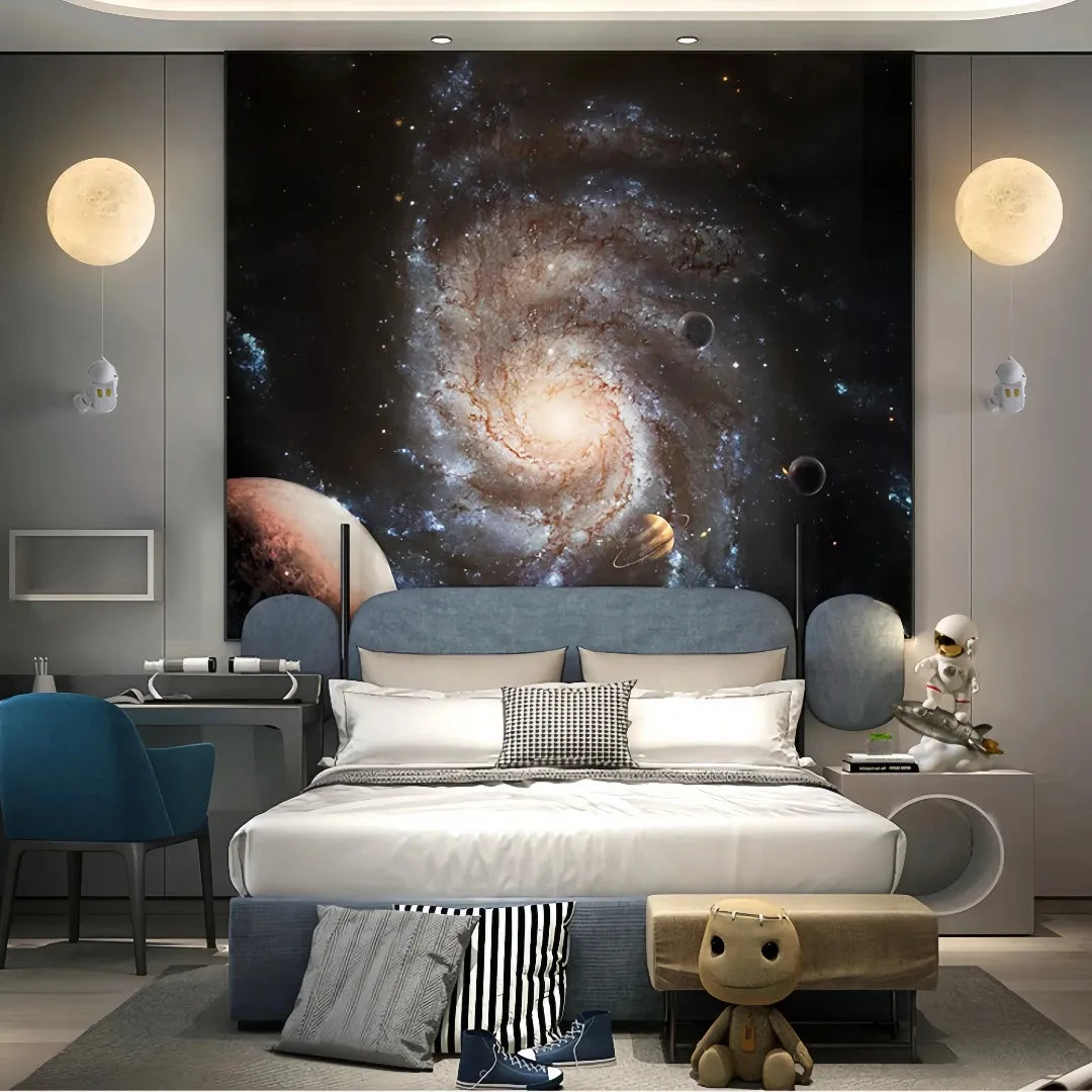 Moon wall light with astronaut beside a child’s bed