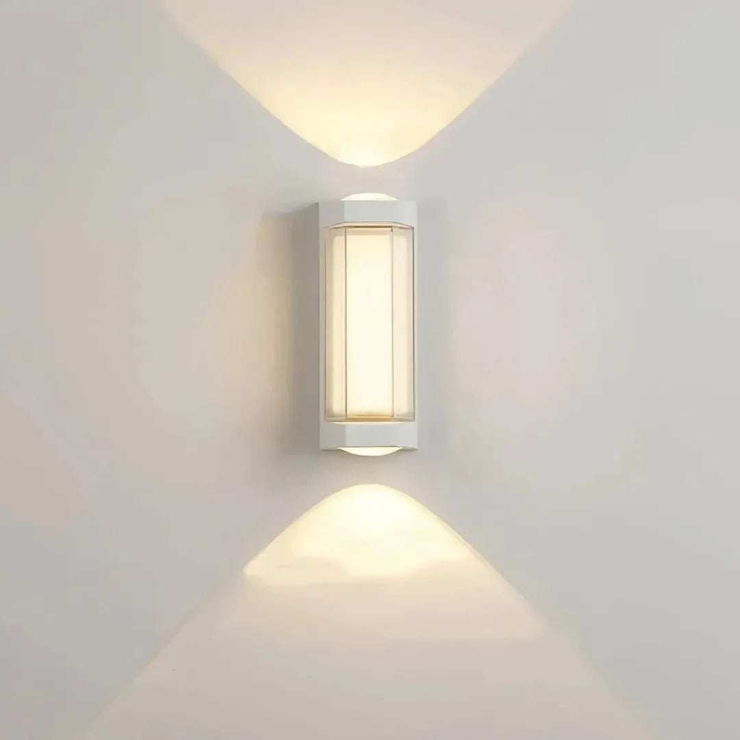 Angled view of the white up and down LED wall light