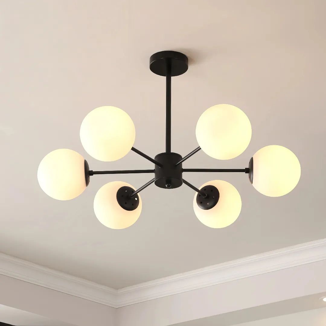 Black 6-light Sputnik chandelier with white glass globes