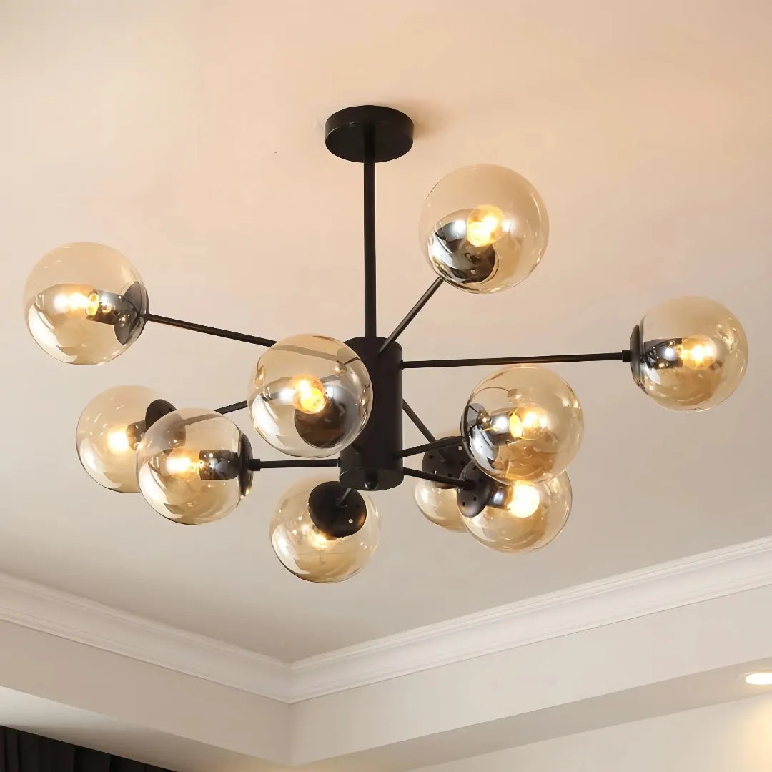 Black 10-light Sputnik chandelier with amber glass globes