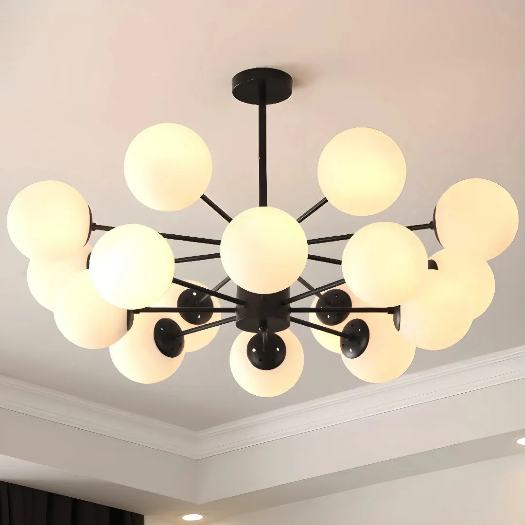 Black 16-light Sputnik chandelier with white glass globes