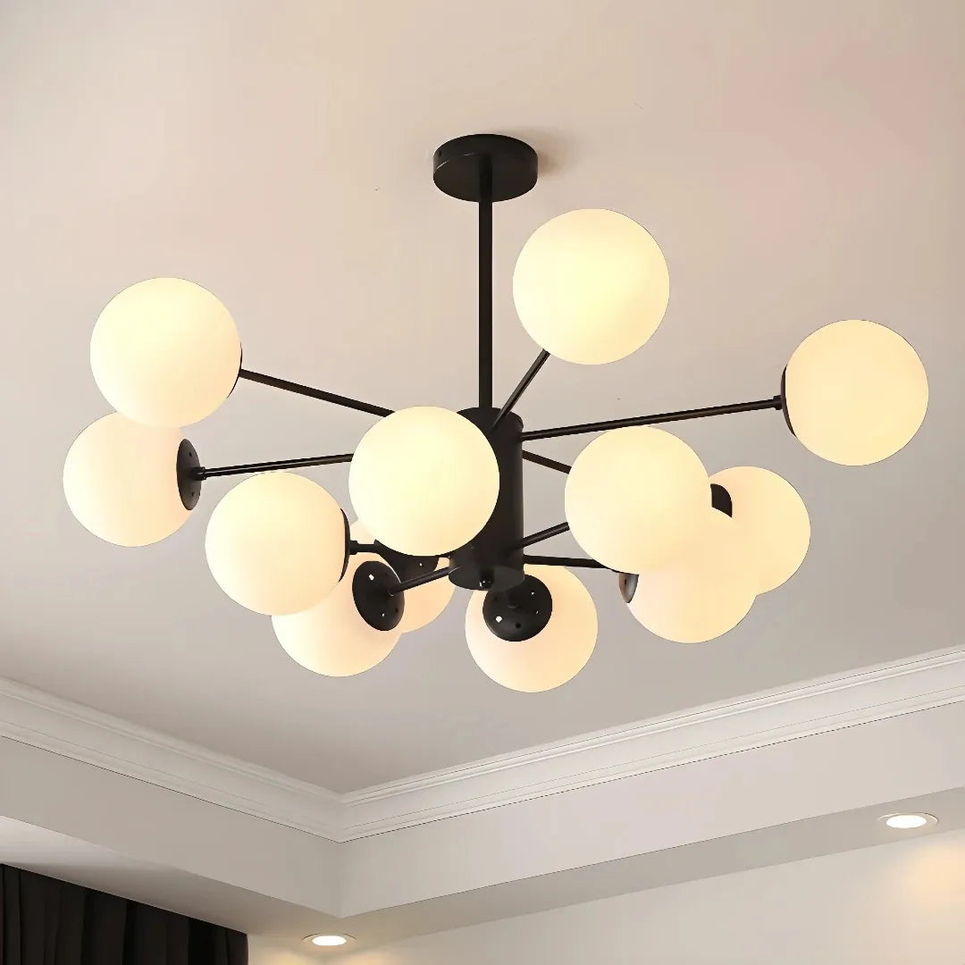 Black 12-light Sputnik chandelier with white glass globes