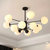 Black 12-light Sputnik chandelier with white glass globes