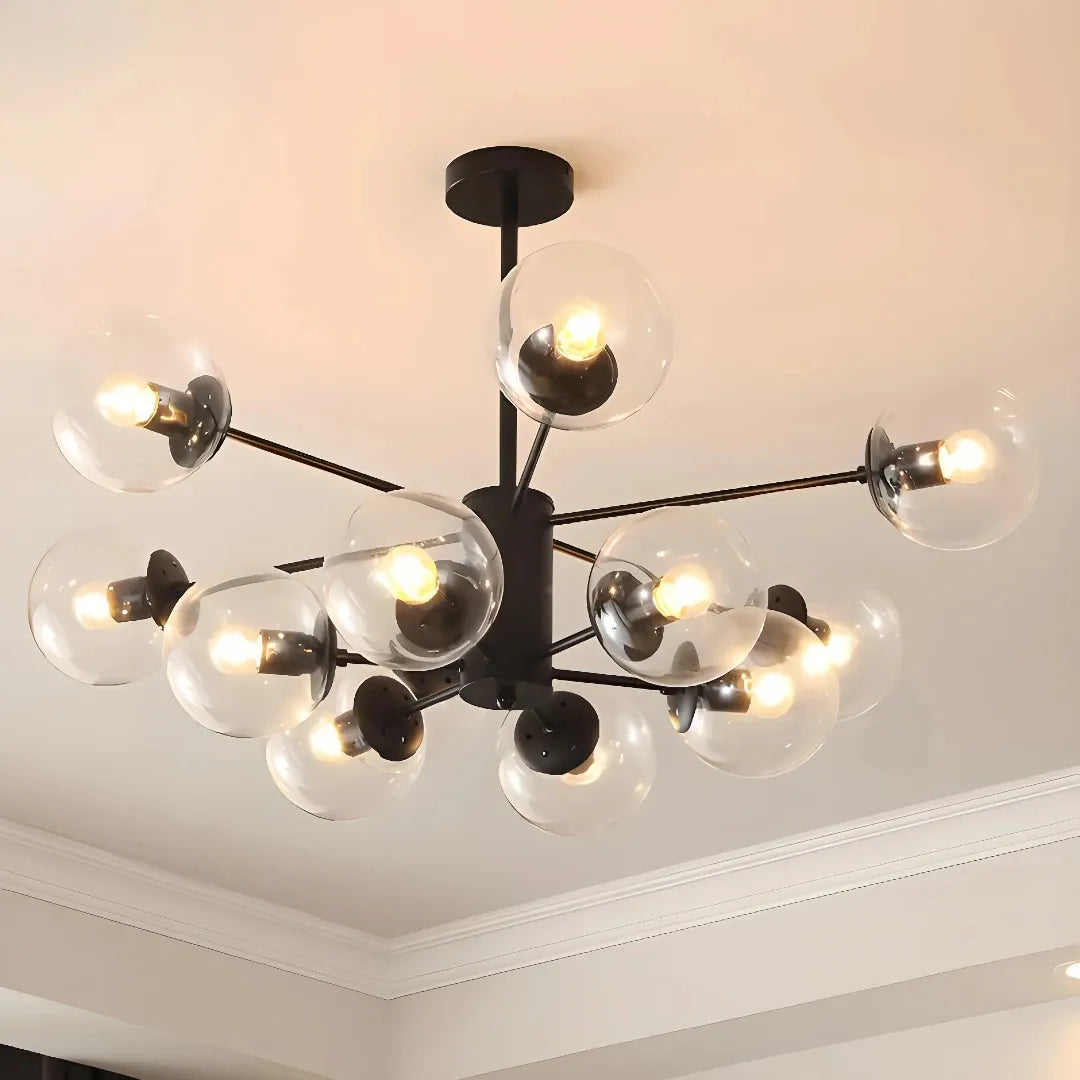 Black 12-light Sputnik chandelier with clear glass globes