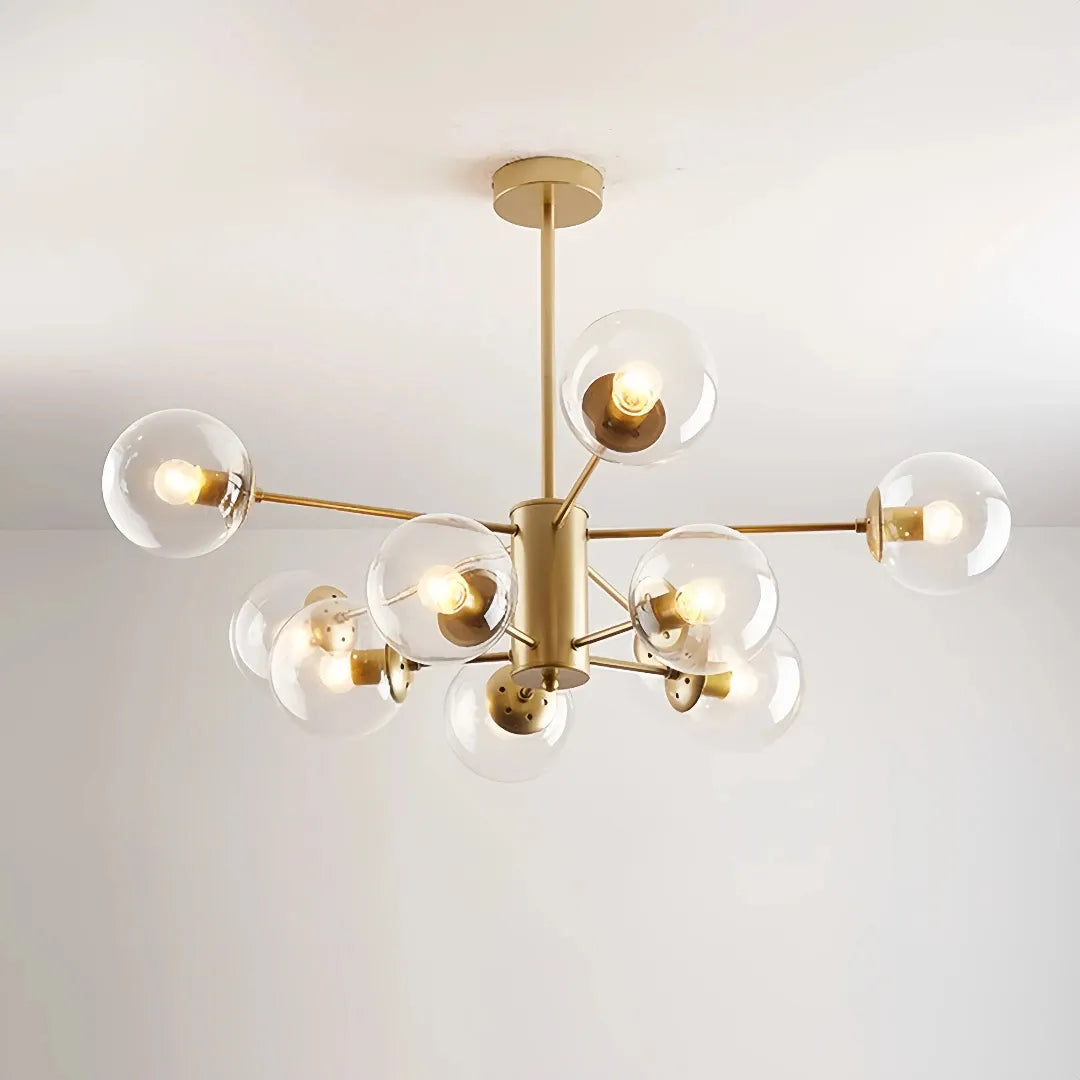 Gold 10-light Sputnik chandelier with clear glass globes