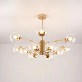 Gold Sputnik chandelier with clear glass globes, viewed from below