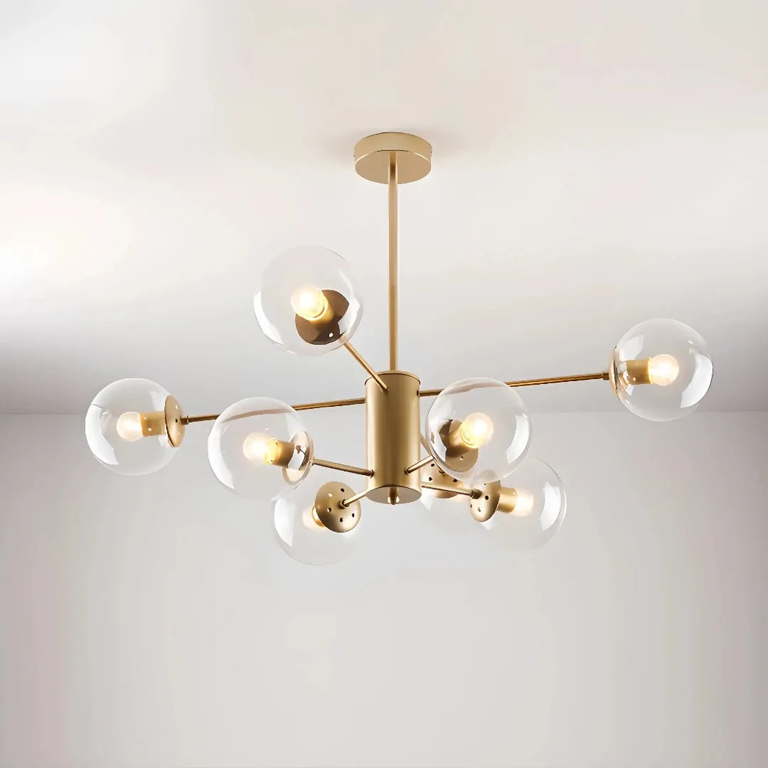 Gold 8-light Sputnik chandelier with clear glass globes