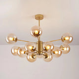 Gold 12-light Sputnik chandelier with amber glass globes