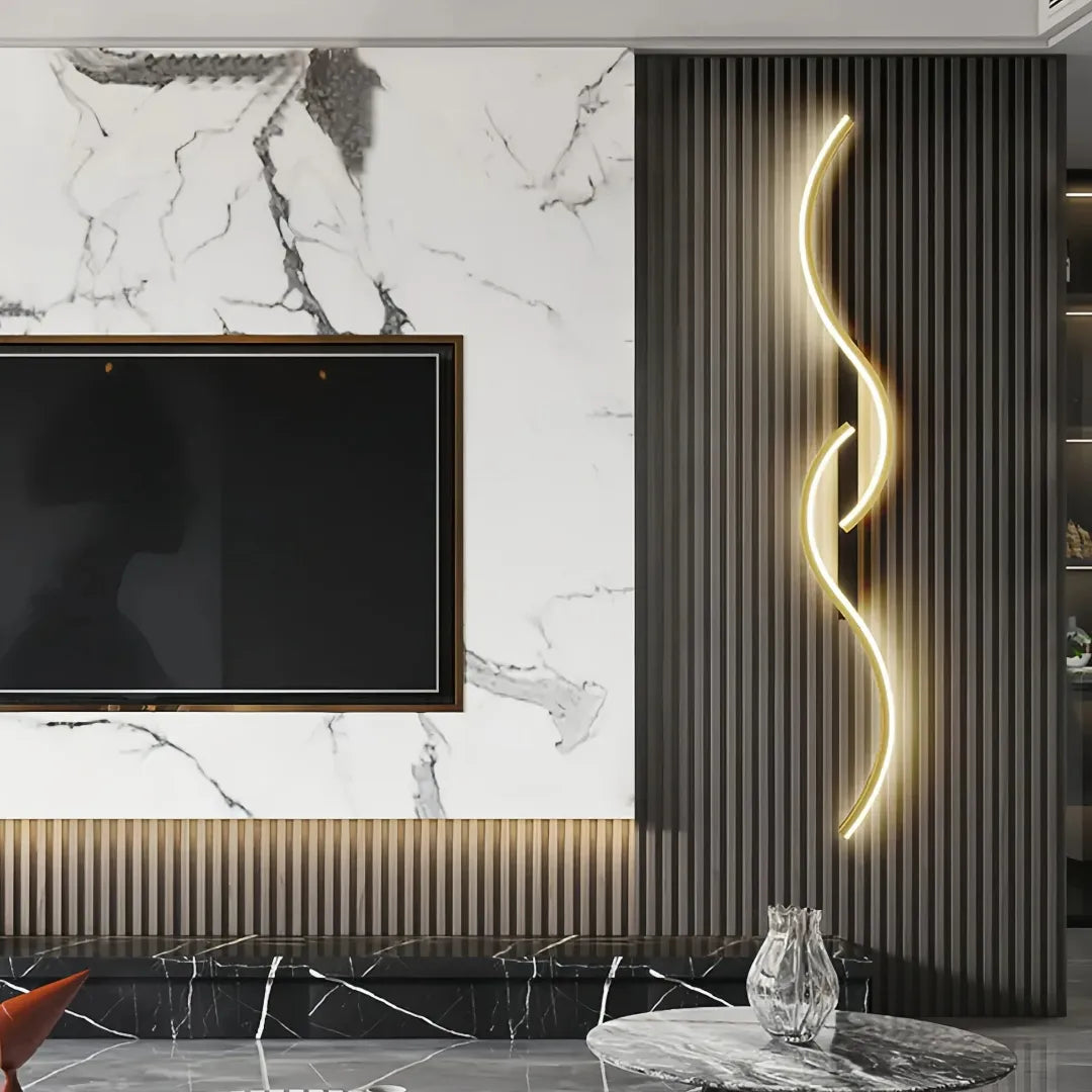 Vertical wave LED wall light beside a television on a slatted feature wall