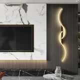 Vertical wave LED wall light beside a television on a slatted feature wall